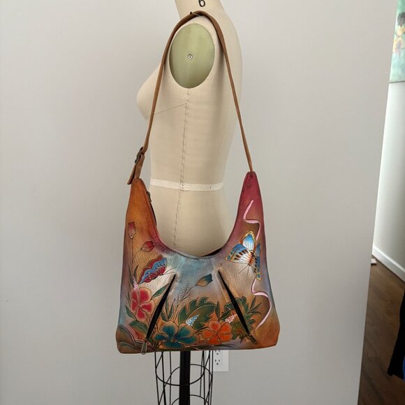 Anuschka Hand Painted Leather Satchel Bag Butterfly Floral Shoulder Bag - Picture 3 of 12
